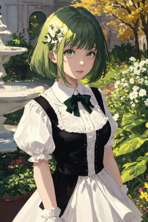 upper body shot of a girl next to a fountain, (light green hair, green eyes:1.4), bob cut with blunt bangs, lace overlay dress, ...