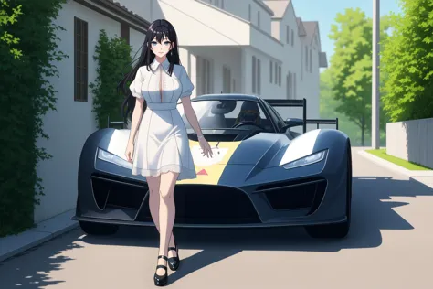 full body shot of Misae Suzuhara walking in front of an F1 racecar in her driveway, diamond earrings, <lora:misasuzuharatest: 0....