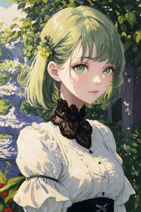 upper body shot of a girl next to a fountain, (light green hair, green eyes:1.4), bob cut with blunt bangs, lace overlay dress, ...