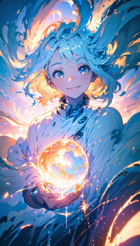 a girl with blue hair holding a glowing ball in her hands