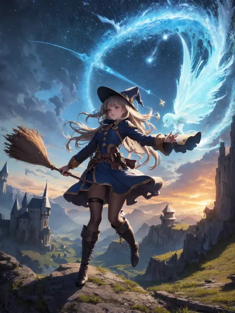 masterpiece, best quality, ultra-detailed, illustration, 1girl, solo, fantasy, flying, broom, night sky, outdoors, magic, spells, moon, stars, clouds, wind, hair, cape, hat, boots, broomstick, glowing, mysterious, enchanting, whimsical, playful, adventurou...