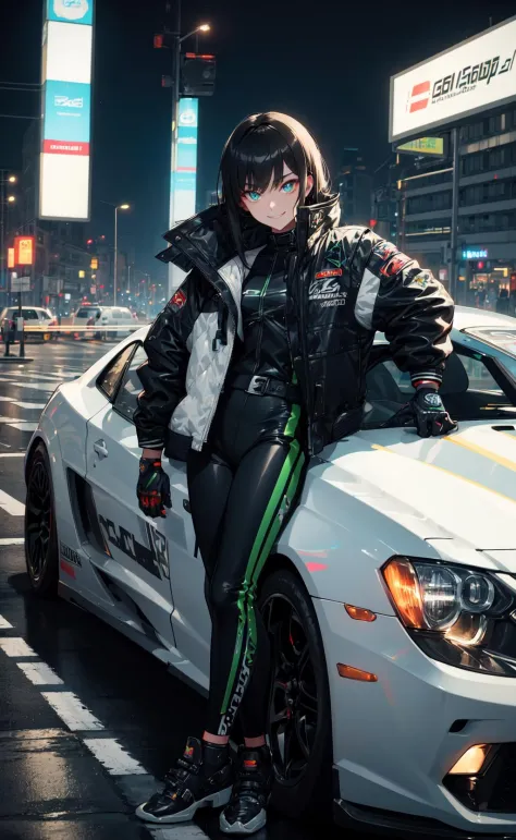 masterpiece, best quality, leaning against car, underground street racing, oversized racing jacket, racing gloves, oversized clo...