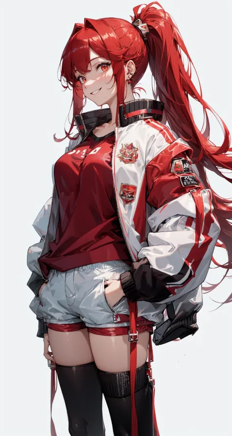 masterpiece, best quality, 1girl, red ponytail, long hair, oversized track jacket, shorts, jewelry, smile, simple background