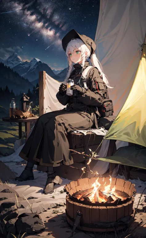 masterpiece, best quality, ultra-detailed, illustration, 1girl, solo, outdoors, camping, night, mountains, nature, stars, moon, bonfire, tent, twin ponytails, green eyes, cheerful, happy, backpack, sleeping bag, camping stove, water bottle, mountain boots,...