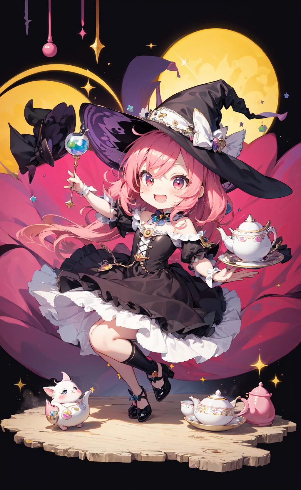 masterpiece, best quality, chibi, witch tea , cute, happy, vibrant, colorful