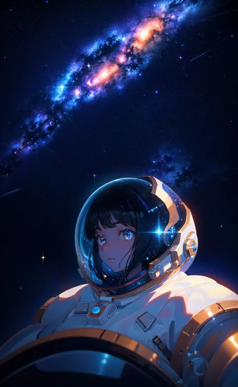 masterpiece, best quality, 1girl, astronaut floating through space, stars, planets, galaxy, nebula, sparkle, shimmering, glowing, glow  <lora:airconditionerlora:0.8>
