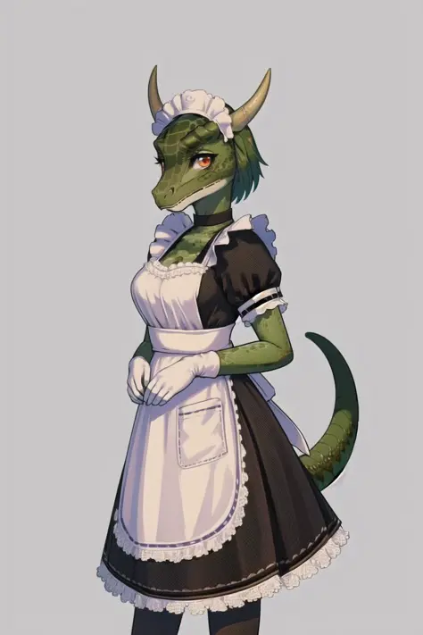 anime, hdr, soft light, ((best quality)), ((masterpiece)), (detailed), pixel, <lora:LustyArgonian_7_10:1> lustyargonian, maid, dress, apron, colored skin, green skin, maid headdress, tail, horns, (scales:1.2), (snout, animal nose:1.1), (looking at viewer:1...