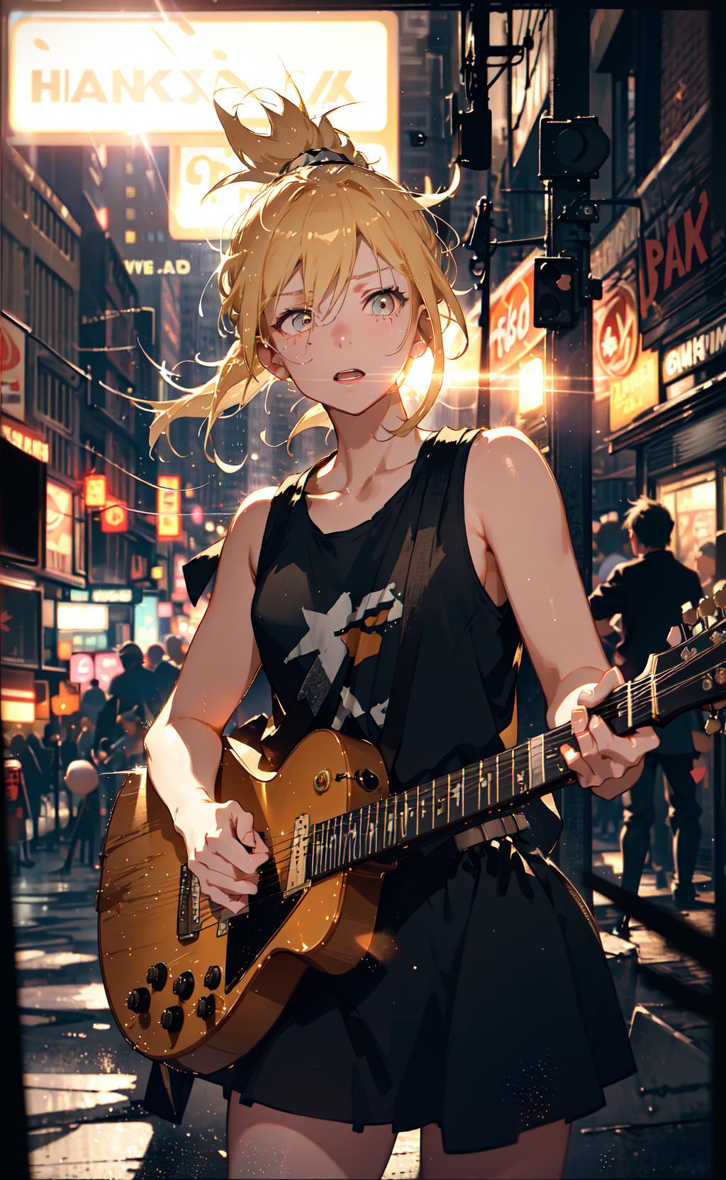 Anime girl with guitar in a concert with other people - SeaArt AI