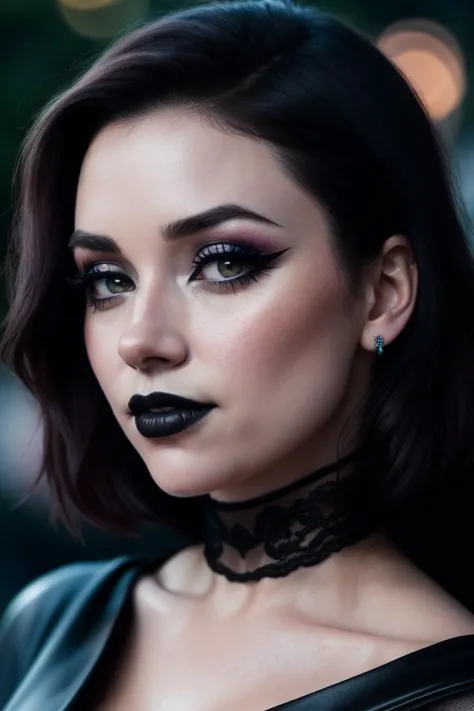 a woman with black lipstick and a black choker posing for a picture