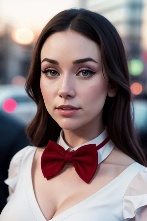 there is a woman with a red bow tie posing for a picture