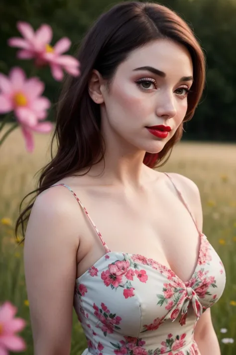 a close up of a woman in a dress in a field of flowers