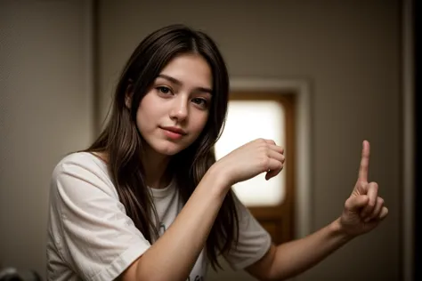 from below,photo of a 18 year old girl,pointing at viewer,happy,shirt,ray tracing,detail shadow,shot on Fujifilm X-T4,85mm f1.2,sharp focus,depth of field,blurry background,bokeh,lens flare,motion blur,<lora:add_detail:1>,<lora:LCM_LoRA_Weights_SD15:1>,