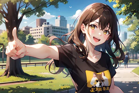 1girl, pointing at viewer, long hair, brown hair, yellow eyes, black shirt, T-shirt, short sleeves, collarbone, open mouth, smile, outdoors, park, tree