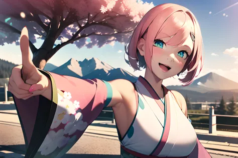 1girl, (3D render:1.3), pointing at viewer, short hair, pink hair, green eyes, Japanese clothes, pink kimono, detached sleeves, long sleeves, wide sleeves, bare shoulders, open mouth, smile, nature, mountain, flower, tree, blue sky, sunlight