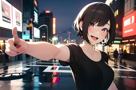 1girl, (3D render:1.3), pointing at viewer, short hair, brown hair, red eyes, black shirt, T-shirt, short sleeves, collarbone, open mouth, smile, outdoors, city, street, night, neon lights