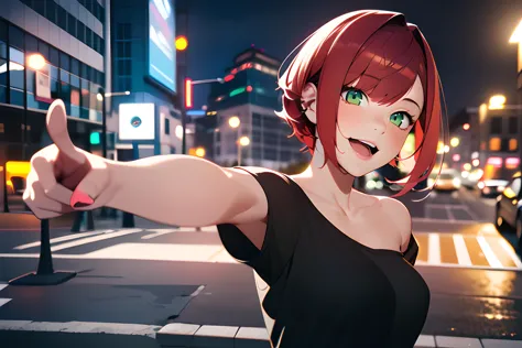 1girl, (3D render:1.3), pointing at viewer, short hair, red hair, green eyes, black shirt, T-shirt, off shoulder shirt, short sleeves, collarbone, bare shoulders, open mouth, smile, outdoors, city, street, night, neon lights