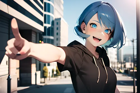 1girl, (3D render:1.3), pointing at viewer, short hair, blue hair, blue eyes, black hoodie, short sleeves, open mouth, smile, outdoors, city, street, day, sunlight