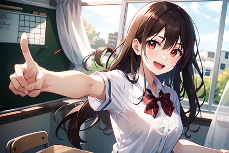 1girl, pointing at viewer, long hair, brown hair, red eyes, school uniform, white shirt, collared shirt, short sleeves, open mou...