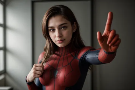 Marvel movies,photo of a 18 year old girl,spiderman,pointing at viewer,happy,ray tracing,detail shadow,shot on Fujifilm X-T4,85mm f1.2,depth of field,bokeh,motion blur,<lora:add_detail:1>,<lora:LCM_LoRA_Weights_SD15:1>,