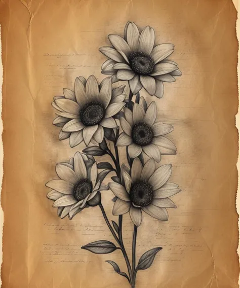 a drawing of a close up of a flower, black pencil sketch on old parchment with browning, <lora:J_ancient_sketch:0.8> j_ancient_sketch