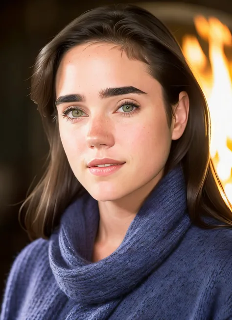 a close up of a woman with a blue sweater and a fire in the background