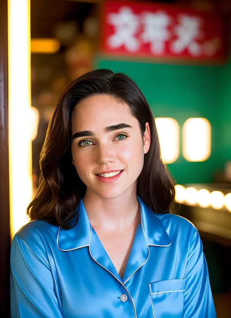 arafed woman in blue shirt smiling in front of a mirror