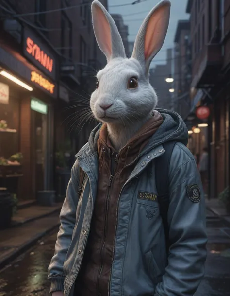 a portrait of a white rabbit in a painting from stalenhag, 4 k, 8 k, hdr, artstation, concept art, bioluminescent alley, glowing...