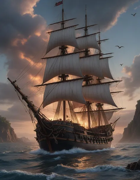 a beautiful digital painting of a white caravel on fire flying in the clouds, birds and embers in the sunlight, numerous burning ropes and intricated sails, blue sky at sunset, elegant, highly detailed, artstation, concept art, matte, sharp focus, art by tom bagshaw, kelogsloops and greg rutkowski, post-apocalyptic marketplace, makeshift stalls, bartering, limited supplies, 