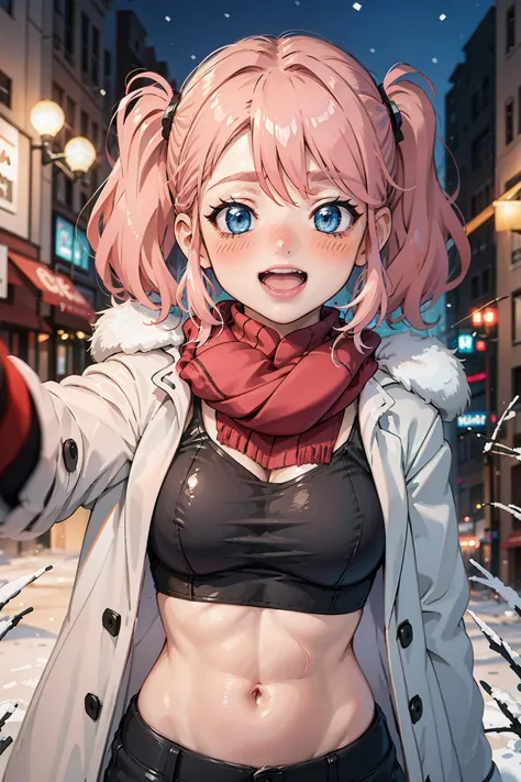 anime girl with pink hair and blue eyes pointing at something