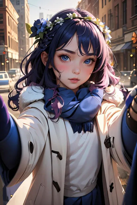 (masterpiece, best quality), 1girl,  Ultramarine Soft Curls with Flower Crown, flat chest,    <lora:pov_cheek_warming:1> pov cheek warming, coat,scarf,reaching towards viewer