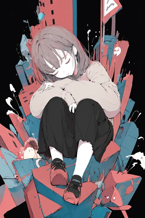 1girl, solo, skirt, closed eyes, shoes, black skirt, bangs, flat color, white background, black footwear, long sleeves, simple background, socks, limited palette, object hug, food, shirt, pleated skirt, knees up, sitting, medium hair<lora:Walden_Blue:1>