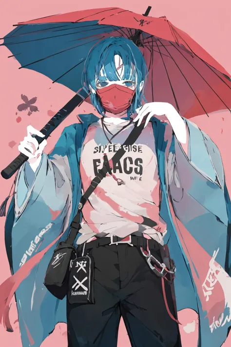 solo, sword, weapon, short hair, katana, long sleeves, blue hair, holding, hand fan, limited palette, mask, 1boy, pants, pink ba...