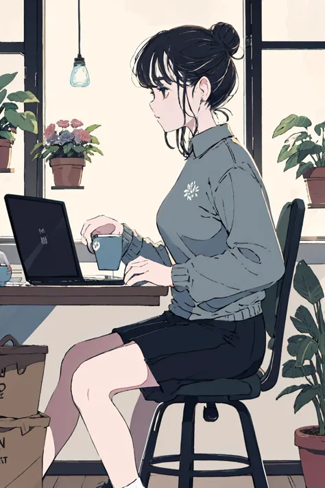 1girl, plant, cat, cup, sitting, potted plant, laptop, hair bun, solo, computer, single hair bun, table, wide shot, long sleeves...