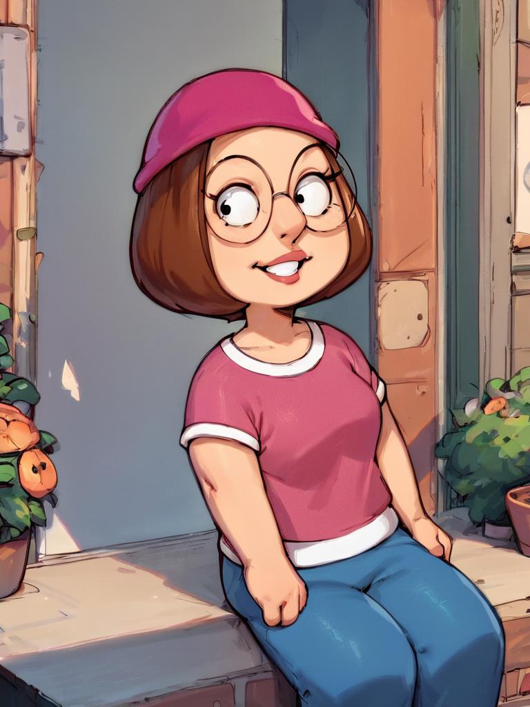 A cartoon girl with glasses and a pink hat talking on a cell phone - SeaArt  AI