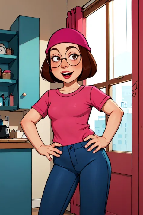 meg, 1girl, solo, brown hair, glasses, hat, shirt, pink shirt, pants, short hair, blue pants, beanie, flat color, short sleeves,...