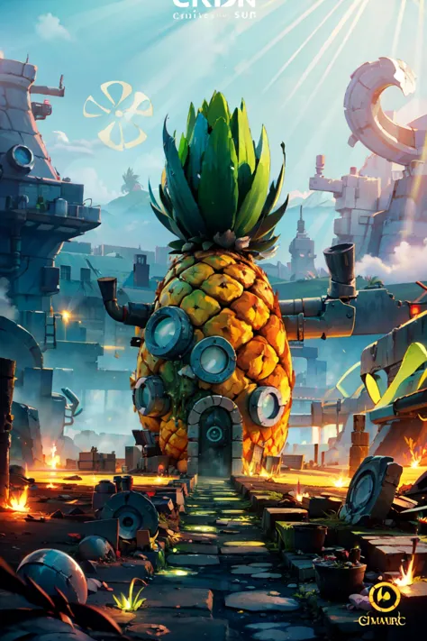 a pineapple is standing in front of a building with a clock on it