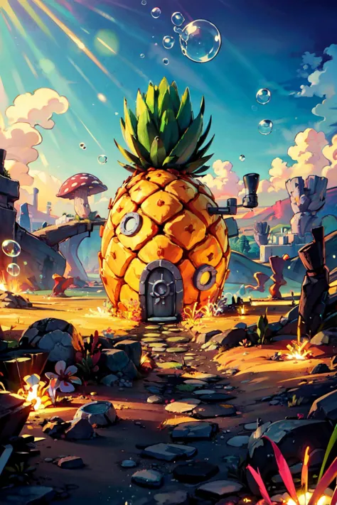 a pineapple house surrounded by rocks and plants in a cartoon style