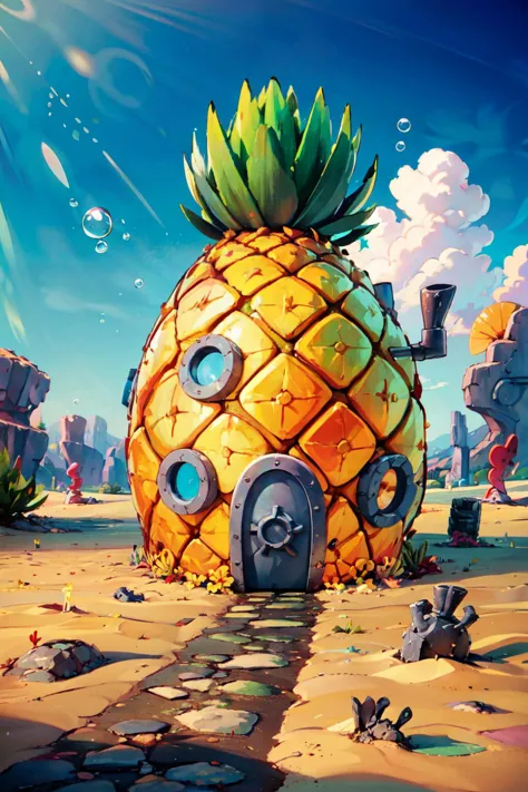 a pineapple house in the middle of a desert with rocks and plants