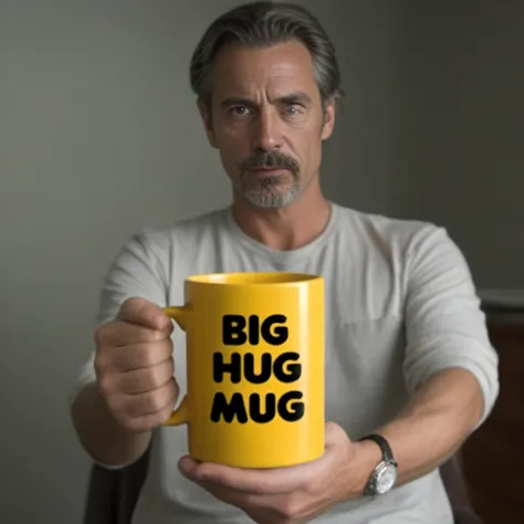 arafed man holding a big hug mug in a room