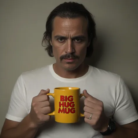 arafed man holding a big mug with the words big hug on it