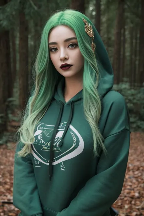 photography of a gothic elf, upper body, green hair, perfect eyes, intricate details, forest, realism, oversized hoodie hoodie, ,edgJG fashion, get creative