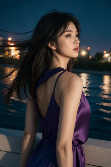 a woman in a purple dress standing on a bridge next to a body of water