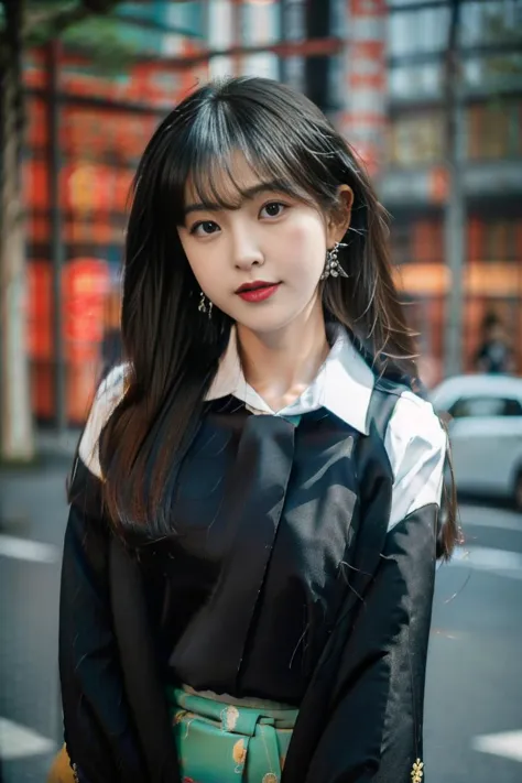 1girl, Chinese, asian, black hair, long hair, office lady, cityscape, tokyo, outdoors, black collared shirt, white skirt, earrin...