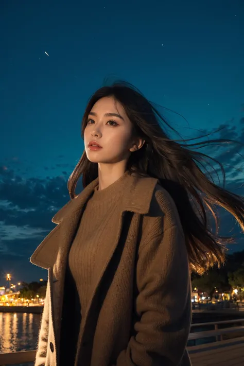 a woman standing on a bridge looking at the sky