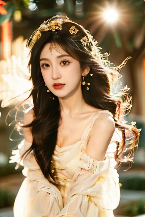 a woman with long hair wearing a white dress and gold earrings