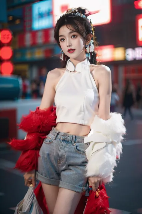 1girl, Chinese, wearing white crop top, grey jeans, earrings, with a background of Times Square. upper body, 8k, HDR, photoreali...