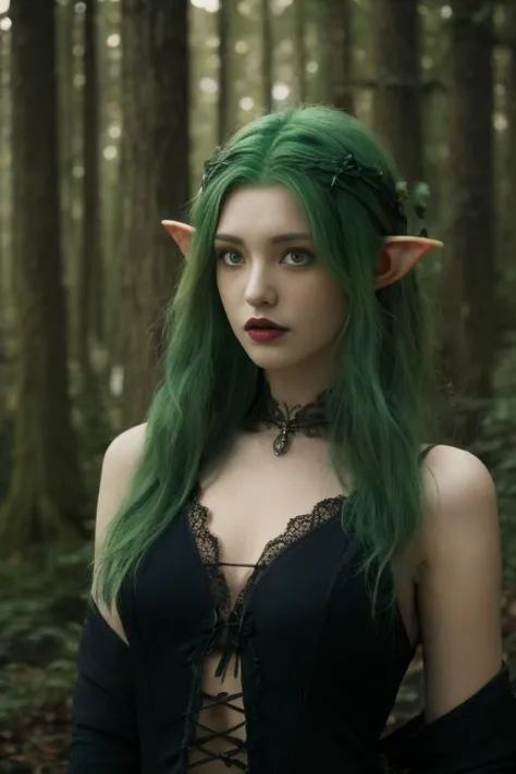 photography of a gothic elf, upper body, green hair, perfect eyes, intricate details, forest, realism