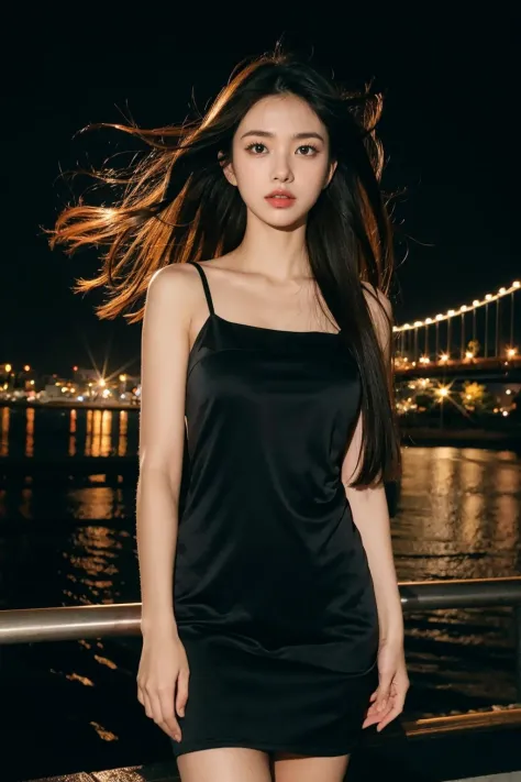 1girl,solo,long hair,black dress,realistic,lips,parted lips,cowboy shot,night,blurry background,jitome,floating hair,