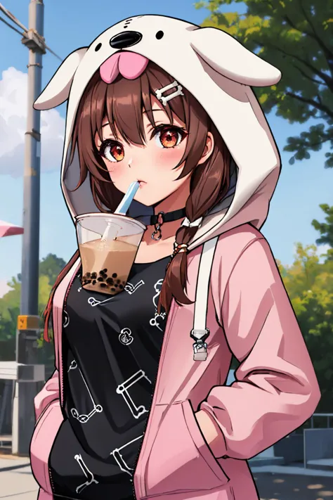 (masterpiece, best quality:1.2), solo, 1girl, koronecasual, bubble tea challenge, drinking straw, hands in pockets, pink hoodie, shoulder cutout, fur trim, white hood, animal hood, hood up, black shirt, o-ring choker <lora:korone:0.9> <lora:concept_bubbleteachallenge-16:1>