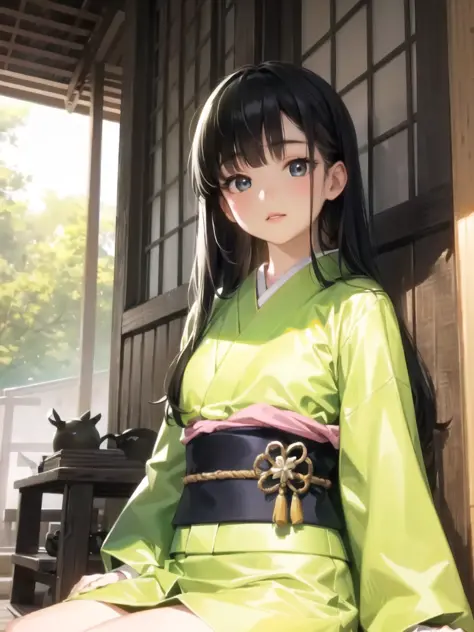 japanese child girl, 14yo, 
(masterpiece, sidelighting, finely detailed beautiful eyes: 1.2), portrait, realistic, 3d face, lustrous skin,
japanese green kimono, black long hair, blunt bangs,
Japanese house, sitting, cowboy shot, 
portrait,